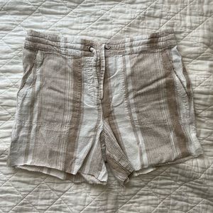 tan and white linen shorts